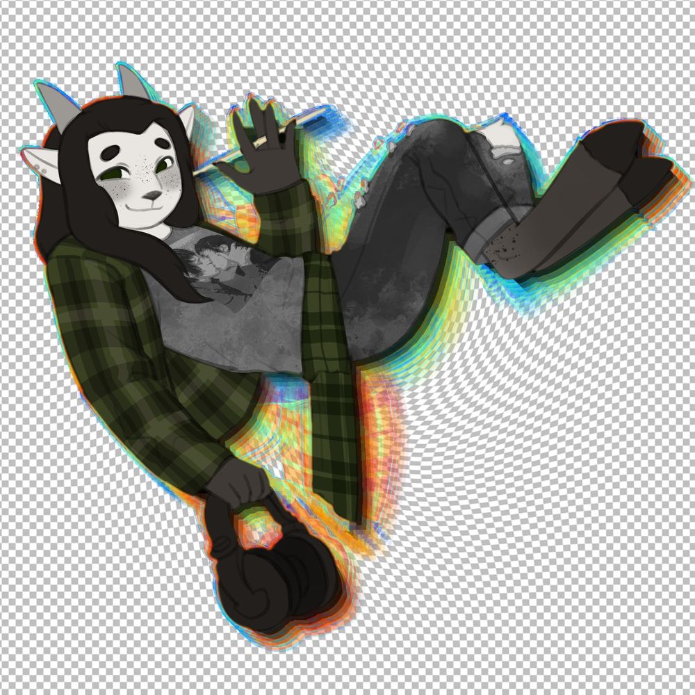 Black and white goat fursona floating on a distorted transparency white and gray grid background with several transparent layers of psychodelic colored acid effect looking versions of themselves behind, holding a pair of Pioneer HDJ-X7 headphones on the right hand and a pair of 7A drumsticks, wearing a SebastiAn - Total album shirt under an open dark green flannel, with dark gray jeans and a scarf of the same color as the flannel on his waist under the shirt.

Chillin', nothing much c: