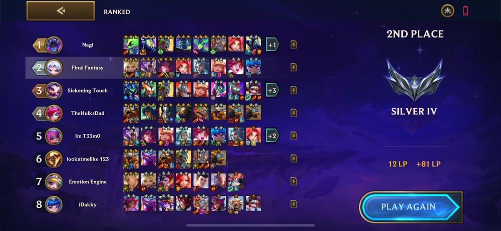 a screenshot of my ranked teamfight tactics match. i finally reached silver iv.