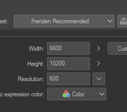 Screenshot of Clip Studio Paint canvas creation user interface. It reads: Frenden Recommended, Width: 6,600 pixels, Height: 10,200 pixels, Resolution: 600, Expression Color: Color