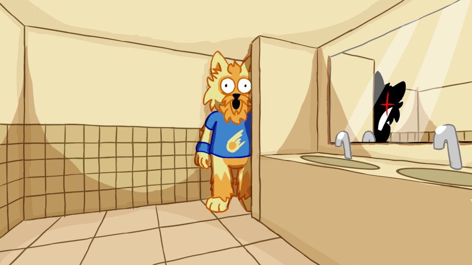 Creepy school mascot in an eerie bathroom. The mirror shows dark silhouette of the mascot holding a knife.