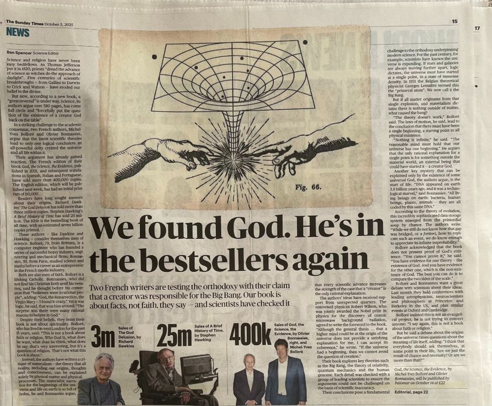 An article in the Sunday Times entitled 'We found God' with an image of the big bang