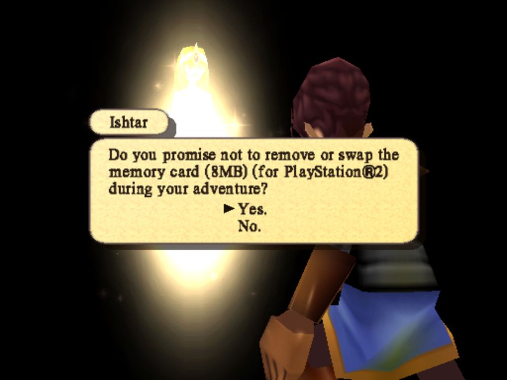 screenshot of The Nightmare of Druaga: Fushigi no Dungeon for the PS2 where the goddess ishtar appears before prince gilgamesh and speaks: "Do you promise not to remove or swap the memory card (8MB) (for PlayStation®️2) during your adventure?"
