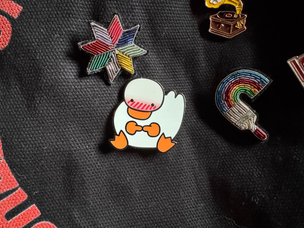 Un pin's d'un canard blanc tout timide 