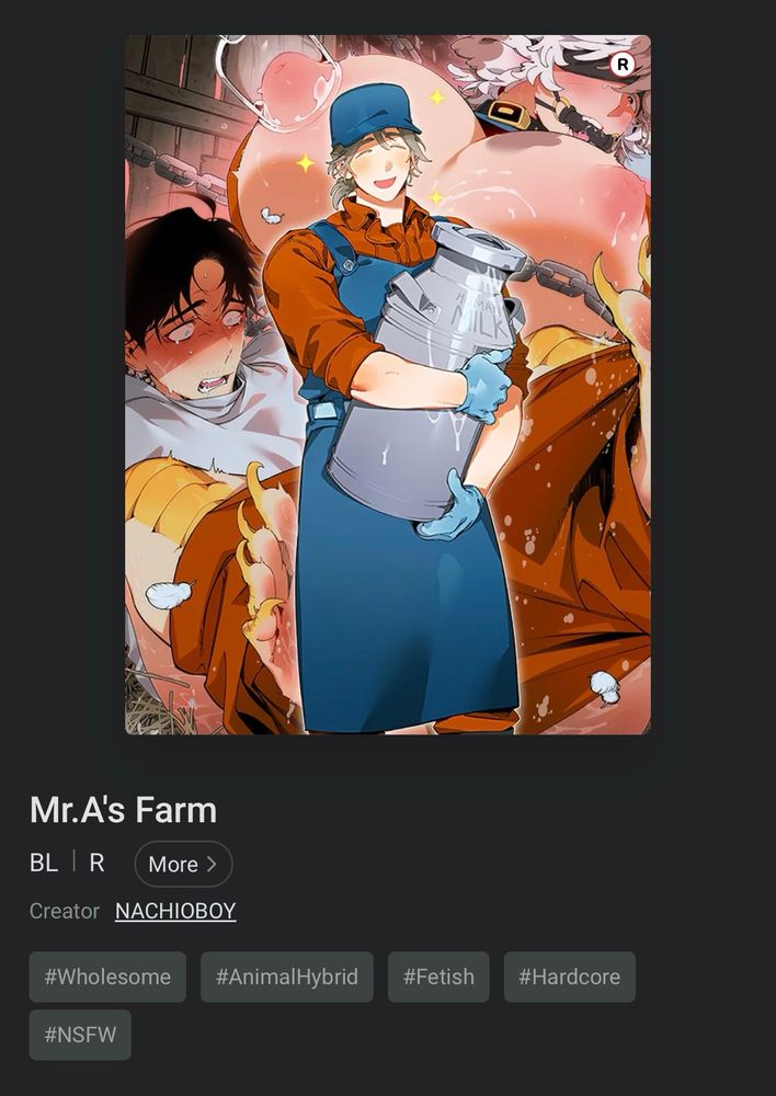 Cover art for the webtoon Mr. A’s Farm on Lezhin. I’ll be honest, it’s hard to describe visually so I’ll just give you the plot synopsis to give you an idea. 

"Little A travels to a rural farm to reunite with the uncle who raised him—only to find the place eerily silent and his uncle nowhere in sight. What awaits him is a chilling ""bible"" detailing how to care for the livestock… but something feels off.

Because on this farm, the ""livestock"" aren’t animals—they’re humans.

Now thrust into the role of acting farm manager, little A is forced to manage Mr. A’s Farm, a facility that produces livestock products using beast-like humans—creatures who think and act like people, but are bred for their byproducts.

Dark secrets plague the estate in the uncle’s absence. Little A must do all he can to keep the farm safe and sound...at least until his missing uncle, Mr.A, comes back."