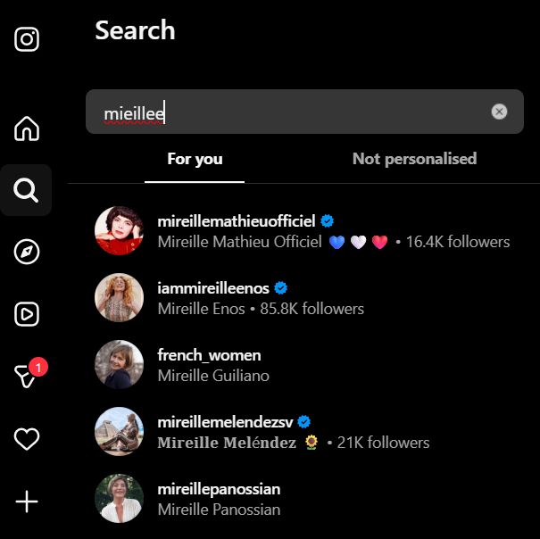 screenshot of the instagram search for the user mieillee