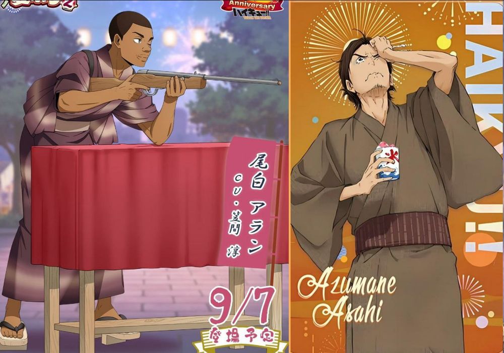 haikyuu arts of Aran and Asahi during summer festivals wearing Yukatas
Aran's playing a shooting game and Asahi's got brain freeze from crushed ice