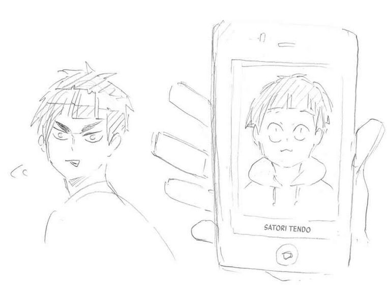haikyuu manga extra chapter art of Tendou holding his phone next to Goshiki, comparing their similar haircuts
On the display is a photo of grade school Tendou with the same haircut as Goshiki