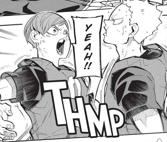 haikyuu manga showing Futakuchi and Aone jumping to chest-bump