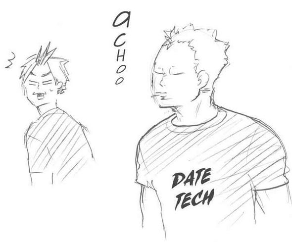 haikyuu manga extra chapter art (sketch) of Aone sneezing and Koganegawa turning his head back in shock.

It reads "achoo" between their figures.