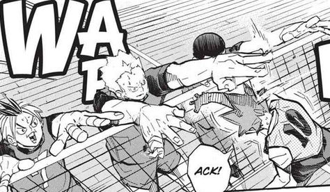 haikyuu manga showing Kogane, Aone, and Obara blocking Hinata's attack 