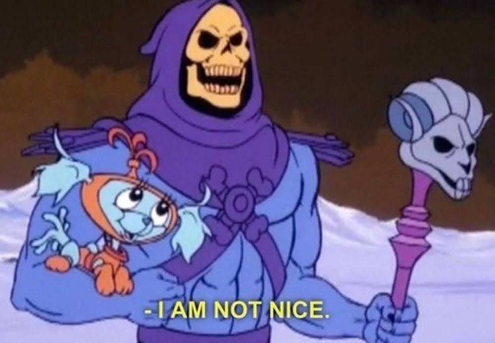 skeletor holding a rams skull staff in one hand and puppy named relay in the other (a cute puppy with papillon like ears) while saying: I am not nice.