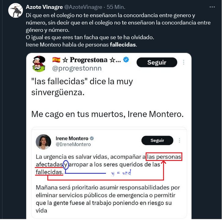 Gleiches Bild wie oben. "las personas" ist in Monteros Text in einen Kasten gesetzt worden, die kongruenten Attribute "afectadas" und "fallecidas" unterstrichen. Ein Pfeil verweist auf den Bezug zu "las personas" im Kasten. Noch dazu ist das "y" - und - markiert und übersetzt.