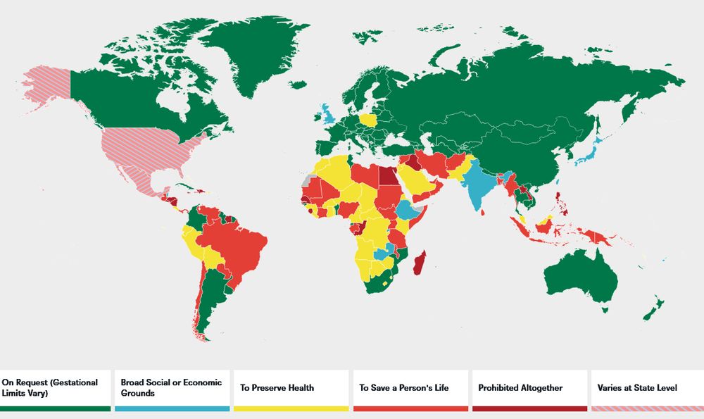 Abbild der interaktiven Karte zu reproduktiven Rechten in der Welt. Einzelheiten auf https://reproductiverights.org/maps/worlds-abortion-laws/