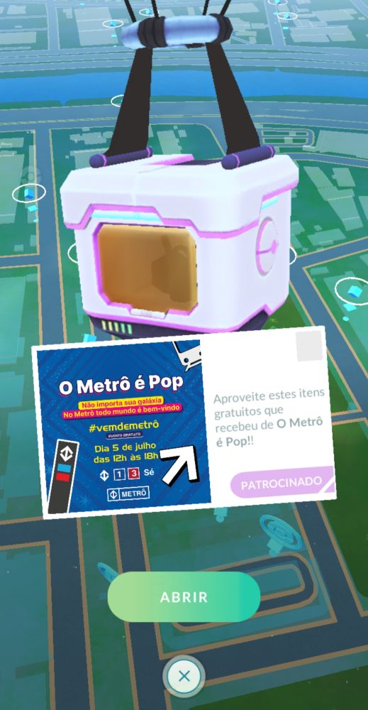 Print do jogo Pokemon Go com uma caixa de itens e uma propaganda do Metrô de São Paulo.