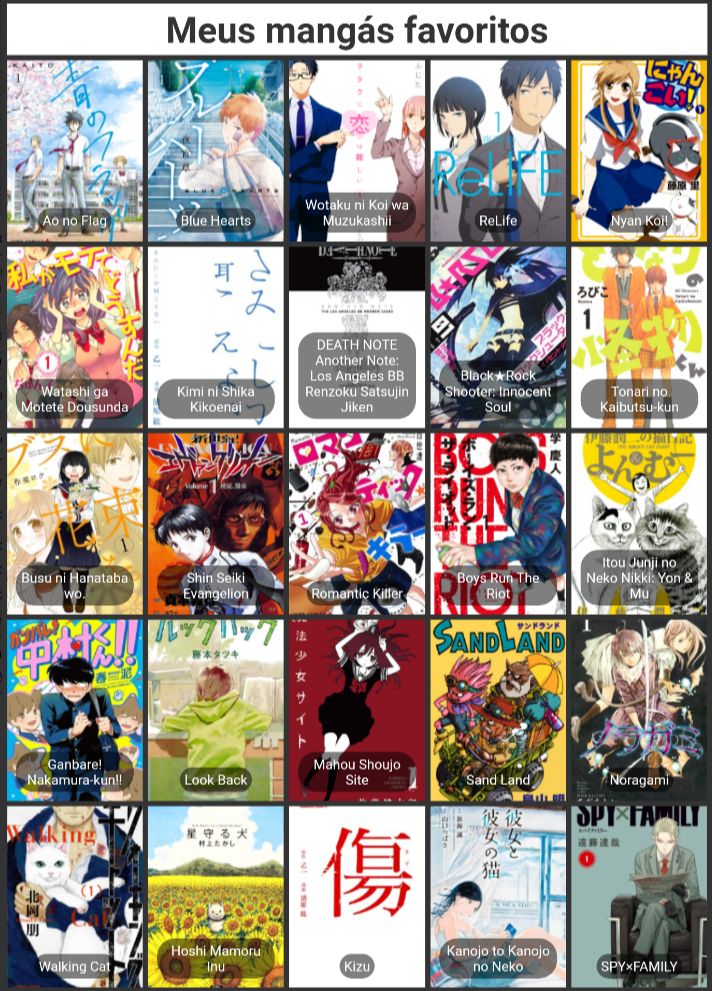 Imagem com 25 capas dos primeiros volumes japoneses dos seguintes mangás:
Ao no Flag; Blue hearts; Wotakoi; Relife; NyanKoi!; Wstashi ga Motete Dousunda; Kimi ni Shika Kikoenai; Death Note Another Note: Los Angeles BB Renzoku Satsujin jiken; Black Rock Shooter Inocent Soul, Tonari no Kaibutsu-kun; Busu ni Hanataba wo.; Shin Seiki Evangelion; Romantic Killer; Boys Run the Riot; ItouJunji no neko nikki: yon & mu; Gambare Nakamura-kun; Lock Back; Mahou Shoujo Site; Sand Land; Noragami; Walking Cat; Hoshi Mamoru Inu; Kizu; Kanojo to Kanojo no Neko; Spy Family.