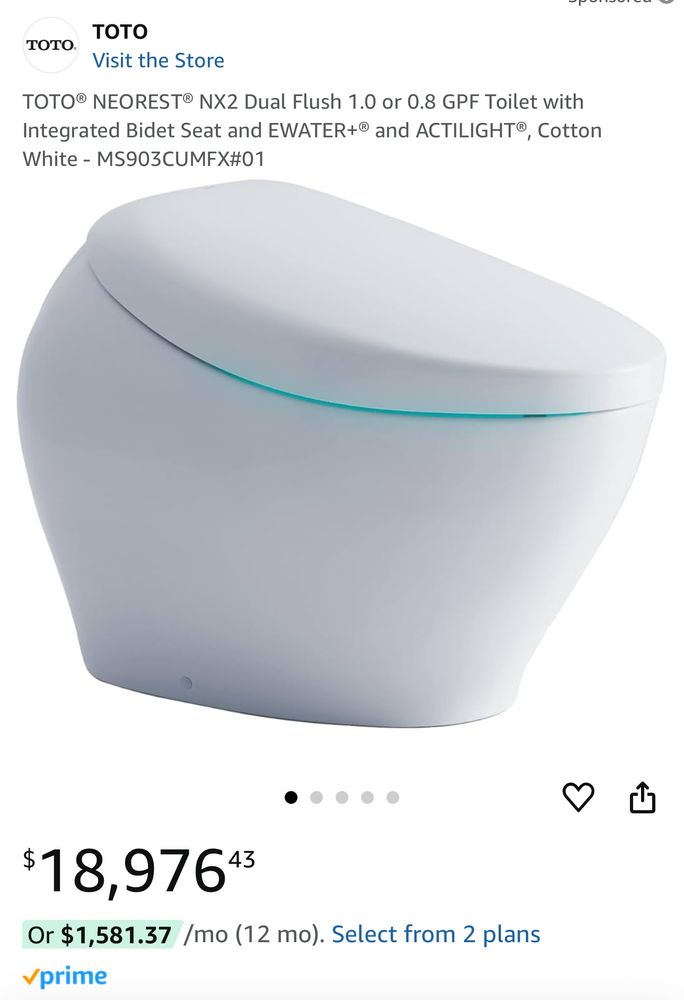 Amazon store listing for the TOTO NEOREST MX2 Dual Flush 1.0 or 0.8 GPF Toilet with Integrated Bidet Seat and EWATER+® and ACTILIGHT®, Cotton White. It’s $18,976.43.