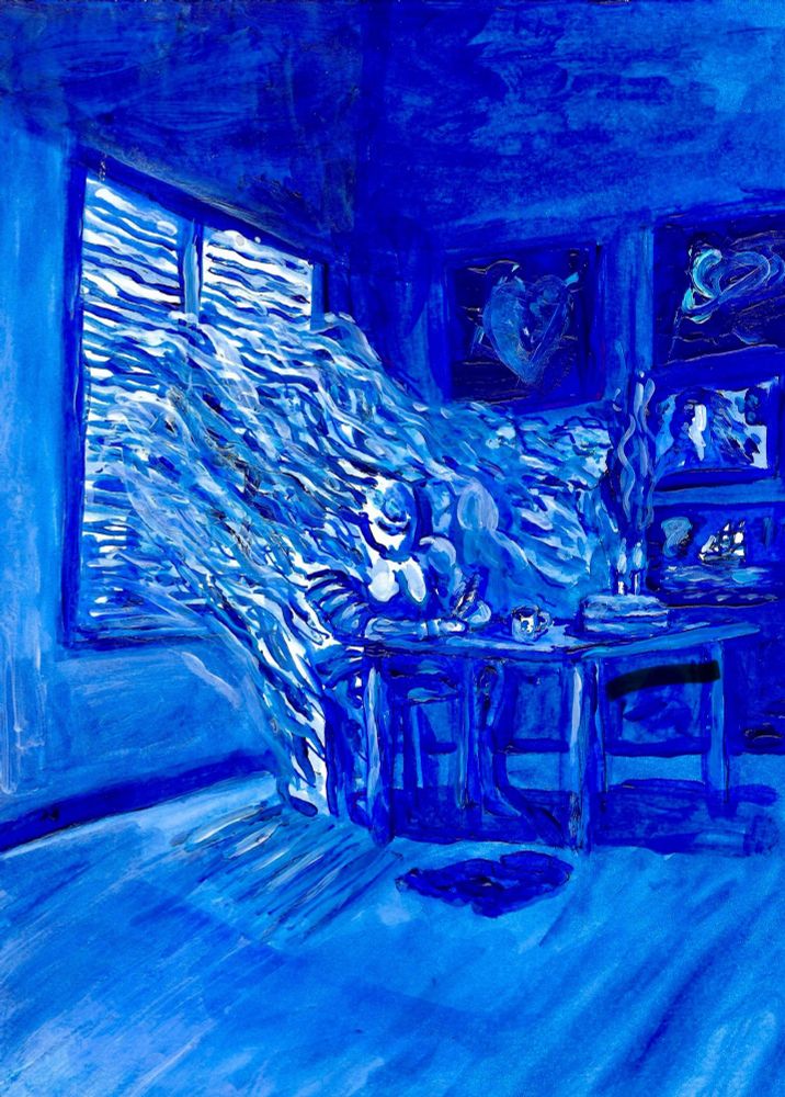 Blue period Armor of Love: Transcendent Canvas.
Painting 🖼️ painted in acrylic blue, white  paint. Feelings and emotion driven piece. Ghosts are included in this have meaning to me. The paintings on the wall of the room also contain meaning. Art is a way explore themes and emotions in a healthy productive way.
