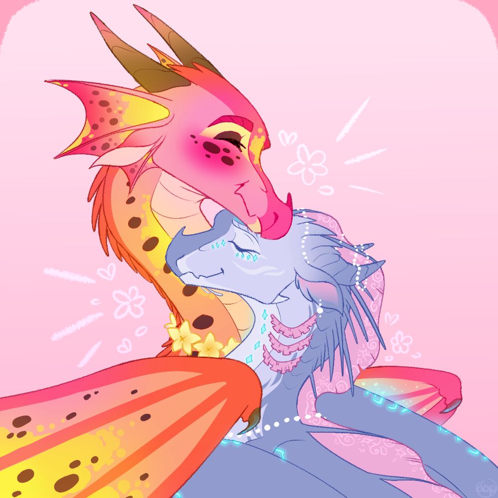 A digital illustration of an orange dragon resting his head atop of a blue dragon's head in a romantic and affectionate manner.