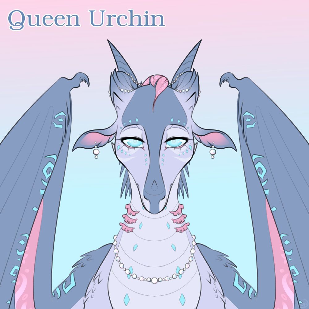 Digital illustration of a delicate, pale blue sea dragon decorated with a modest amount of pearls. She has a soft and calm expression.