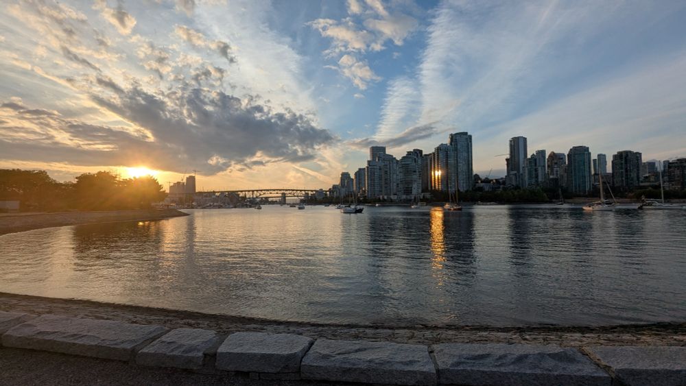 False Creek in Vancouver, BC at sunset, taken from Millbank. The Granville and Burrard Bridges are visible in the background.