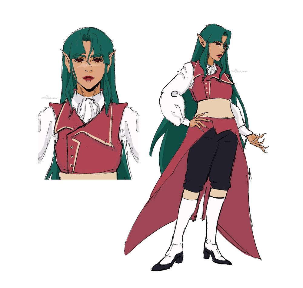 my original character Sunny redesigned in the style of Castlevania Nocturne, fashioned in a long tailed red vest jacket, white shirt, dark trousers and white/gold knee high boots!