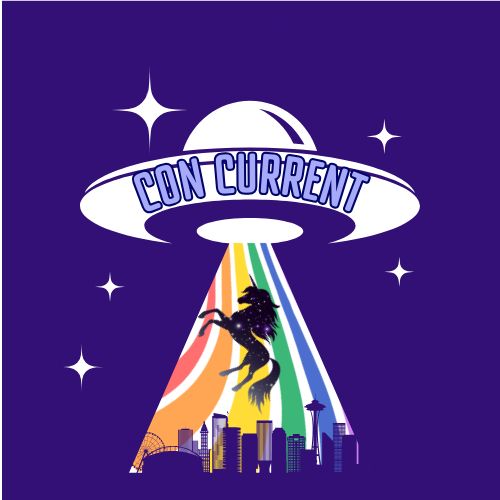 The ConCurrent Seattle logo. A white flying saucer surrounded by white stars uses a rainbow tractor beam on a purple space unicorn with sparkles floating over the Seattle skyline; everything is on a purple background.