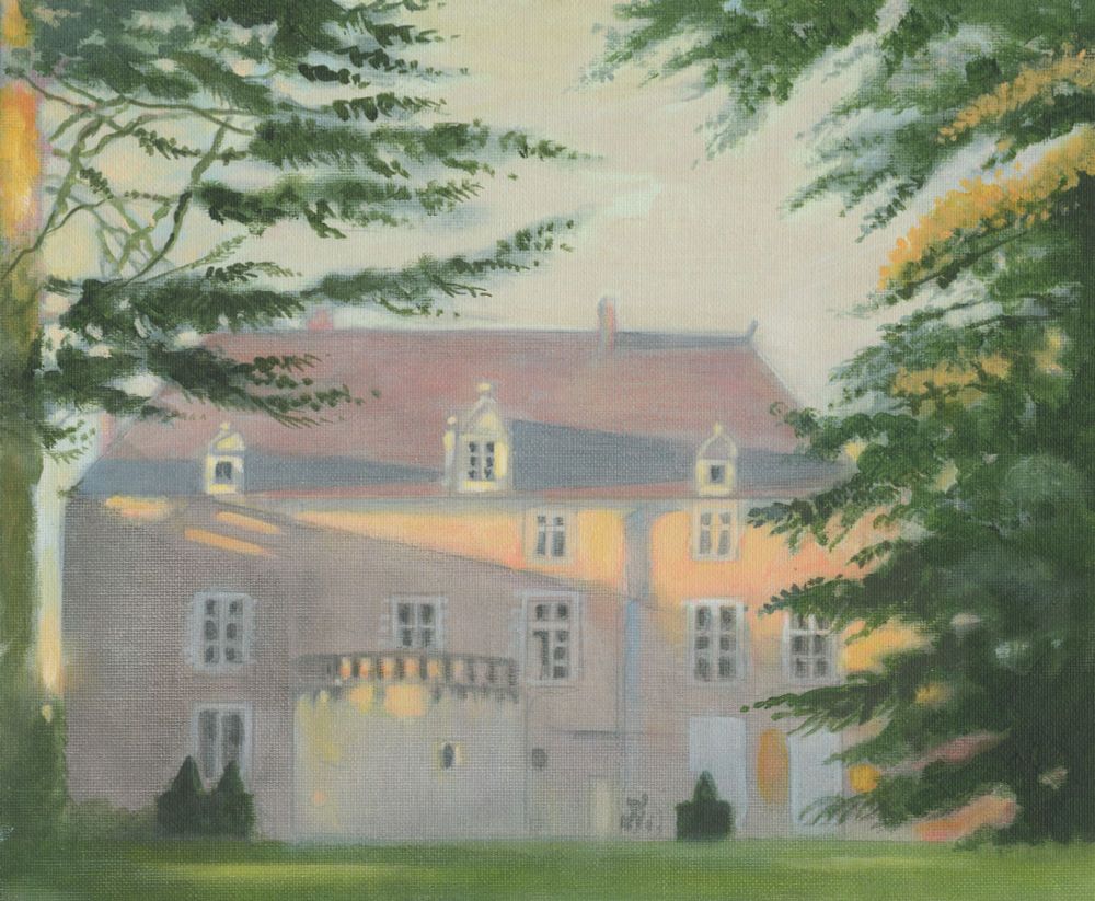 A small chateau in the Sologne region of central France. It is lit by a warm westering sun casting slanted light across the top of the building. The image is framed by conifer trees.