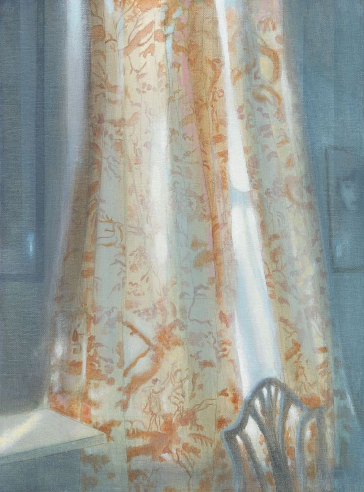 A pair of vintage Toile De Jouy curtains. They are part closed against bright sunlight but where they are open light streams through. The curtains are printed in a terra cotta colour which contrasts with the grey blue of the shadowed walls and the 18th c chair in the foreground.