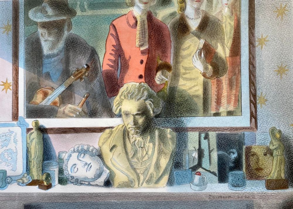 The painting shows a crowded mantlepiece. Among the objects are a white vase, small ancient greek terracotta figures, a bust of the composer Beethoven and behind and above a large framed lithograph: People by Barnett Freedman showing a street violinist and two women arm in arm in 1940s period clothes. The background is a wallpaper of repeating gold stars.