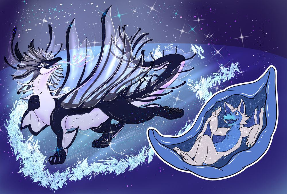 Frostbite ice-skating, she creates a layer of frosted ice as a path for her to skate. Her ice breath creating some ice particles that warm the area around keeping the area comfortable to spectators while also giving a pretty particle show. 
Frostbite's gut is a bit bulgy, inside Mint, a cold-bat enjoys a more private particle show, showing a happy awe expression.
This picture is heavily Endo-implied
