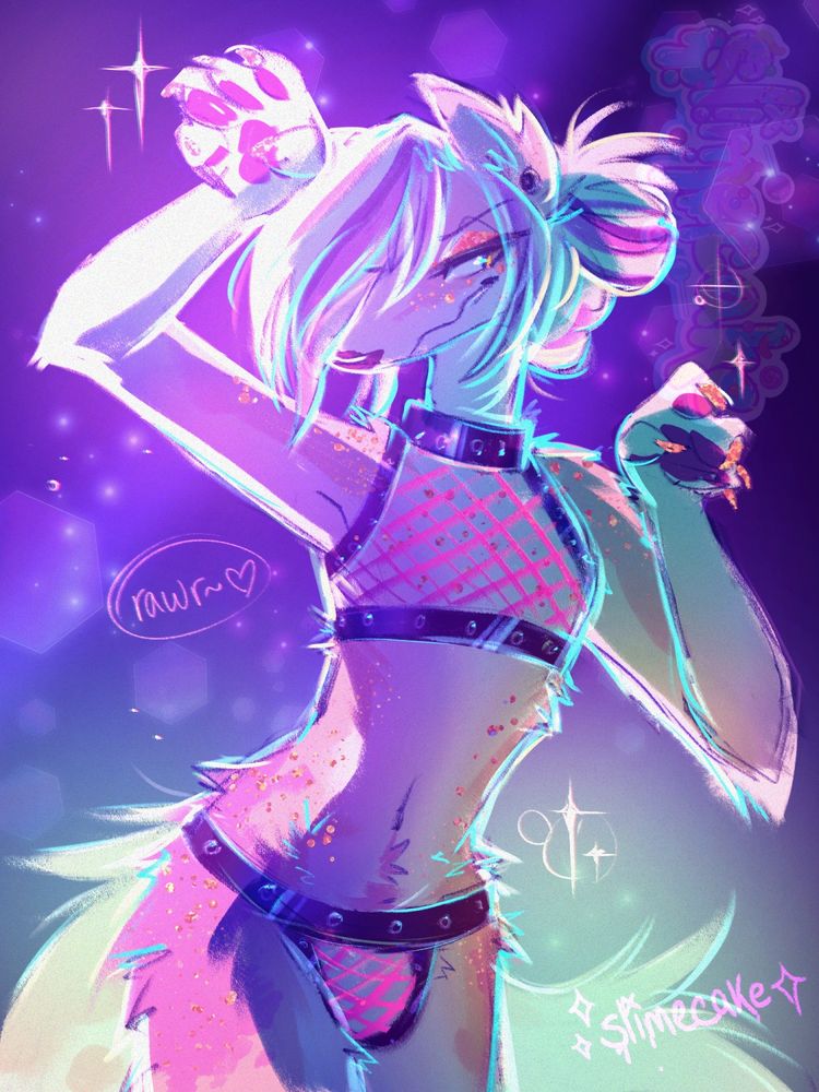 digital sketch of Zin in soft blue/purple/green dreamy lighting, wearing a tight pink and black fishnet crop and a set of matching bottoms. He's holding up his arms in a playful, "rawr, come tear this off of me" pose