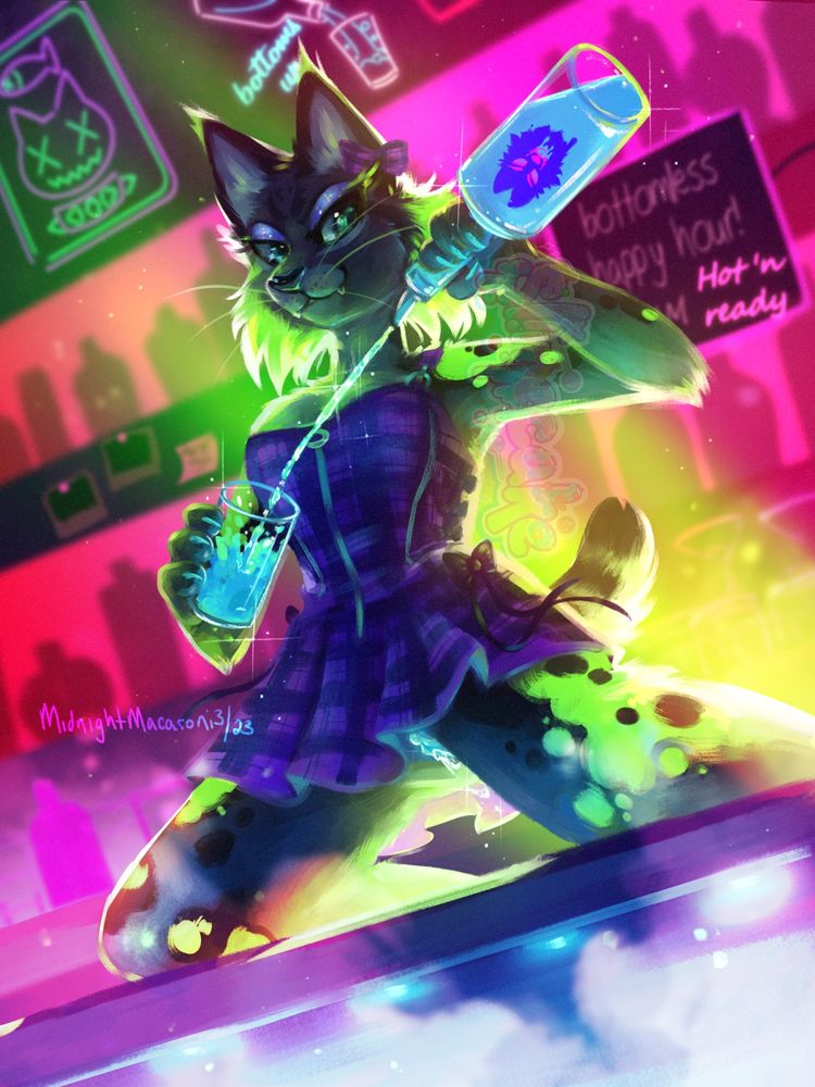 Green spotted lynx kneeling on a bar and pouring bright blue alcohol from a large bottle into a cup. She's wearing a short purple plaid dress. Her blue pussy is peeking out from underneath the dress, dripping and ready. Red and green/yellow lights illuminate her from behind