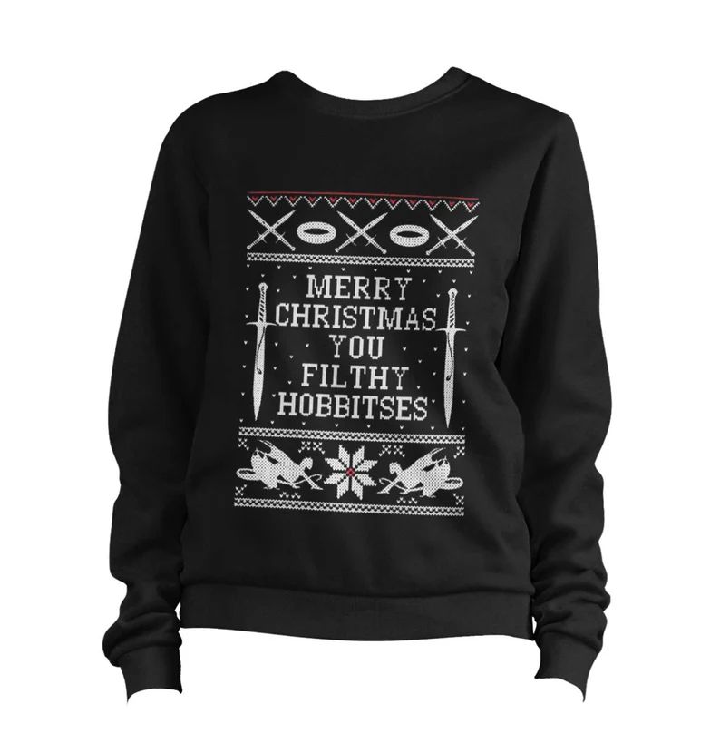 black long sleeve shirt with an "ugly christmas sweater" pattern that reads "Merry Christmas You Filthy Hobbitses", surrounded by swords, rings, and dragons.