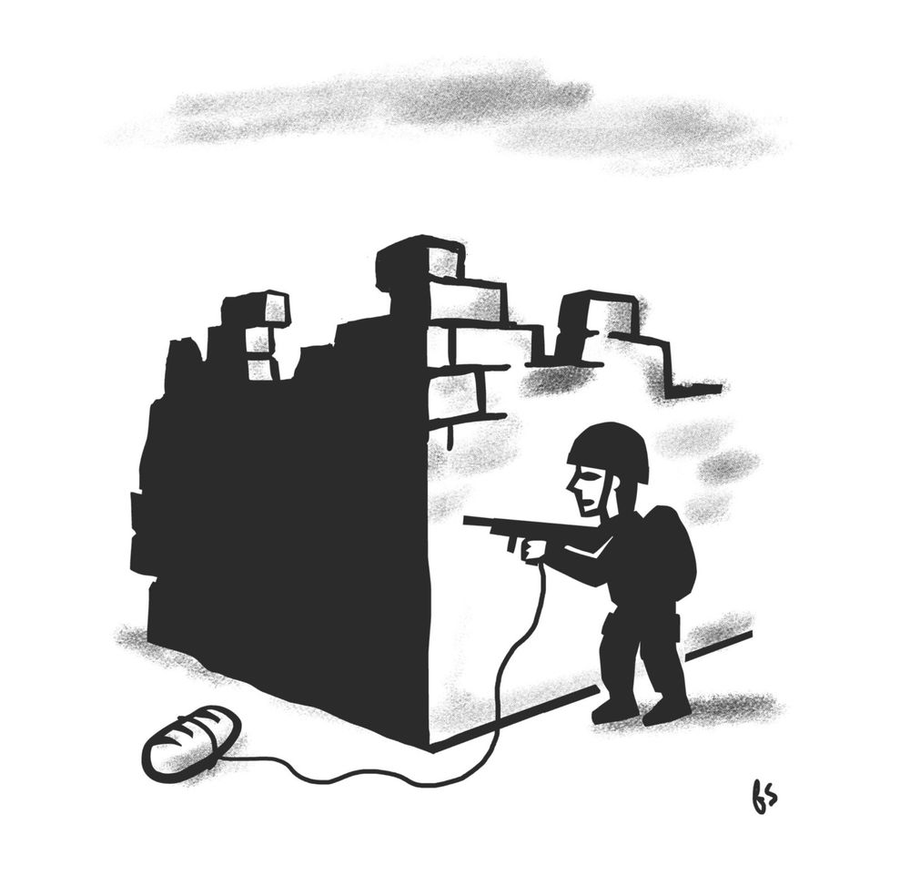 Un soldat caché derrière un mur, une arme en mains et une miche de pain utilisée comme appât au bout d’un fil.