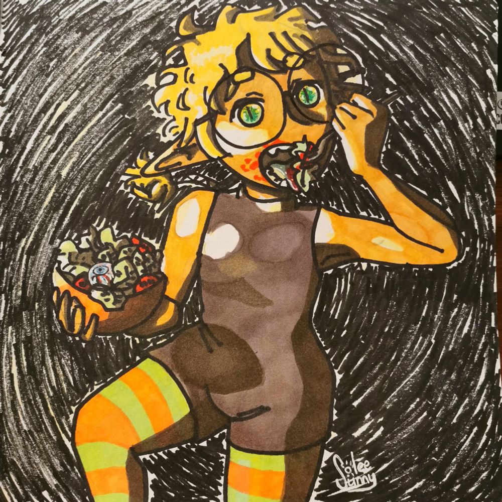 Illustration bit of spooky style of Sunny the goblin eating a salad with bloody tomatoes...