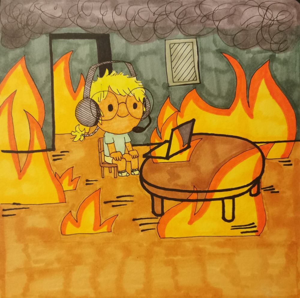 Imitating the "This is fine" meme, Sunny is sitting at a table with a straight face, putting their hands on their knees, staring at their laptop on fire in a room in full fire as well as if they accepted their fate.