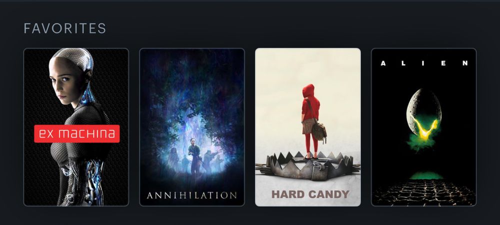 My letterboxd top four movies. Ex Machina, Annihilation, Hard Candy and Alien