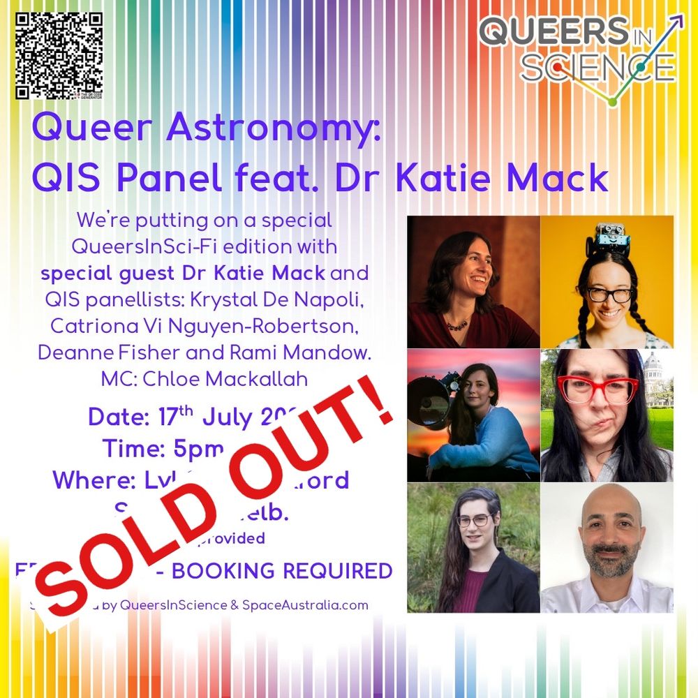 Poster for Queers in Science event with Dr Katie Mack, cosmicrami and other queer scientists in Melbourne. The event is sold out. 