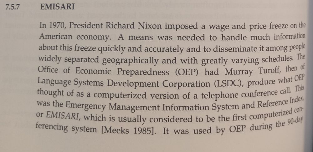 Description of the EMISARI teleconferencing system created in the Nixon White House to manage implementation of the 1970 wage and price freeze. "...what OEP thought of as a computerized version of a telephone conference call"