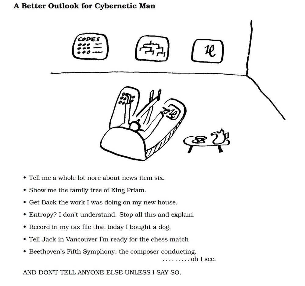 "A Better Outlook for Cybernetic Man" cartoon by Stafford Beer, depicting the home computer user in comfy chair addressing multiple wall mounted monitors with reasonable requests for factual information, without advertising or surveillance