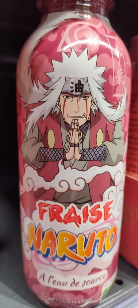 Jiraiya on a french strawberry drink bottle