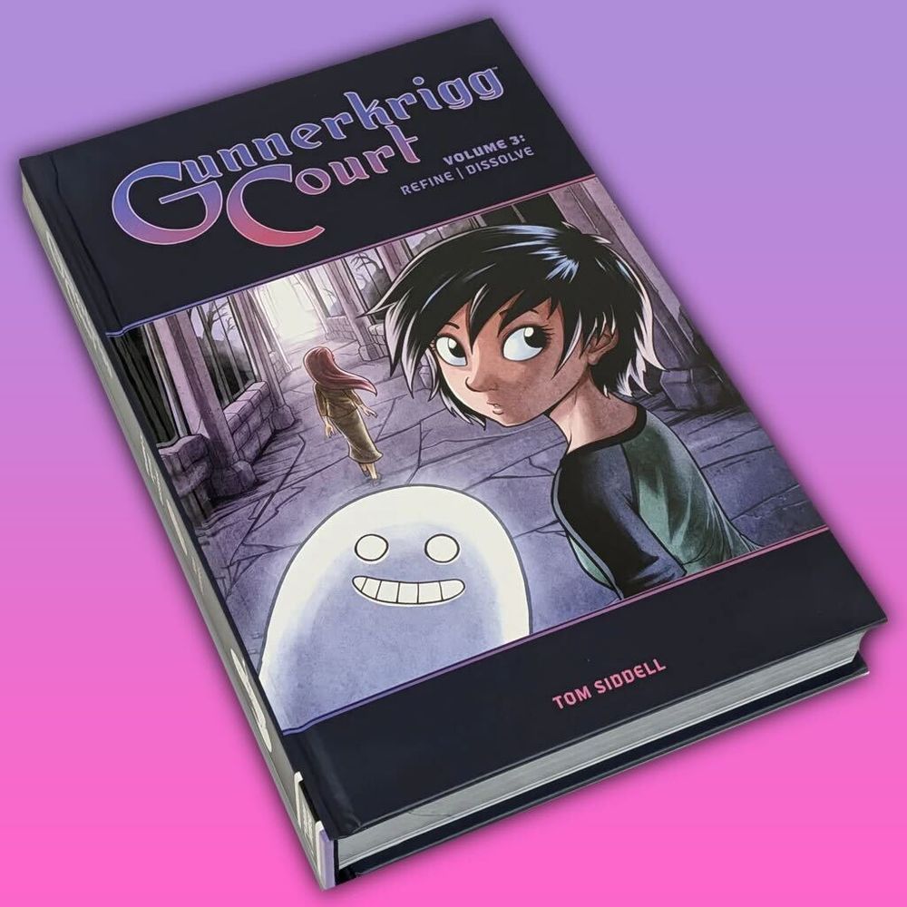 Hardcover edition Gunnerkrigg Court volume three by Tom Siddell on a pink and lavender gradient background