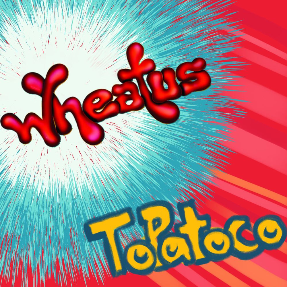 A digital drawing of text that reads "TopatoCo" on top of a red background with a burst of blue in the upper left corner. Inside the blue is the band Wheatus's logo.