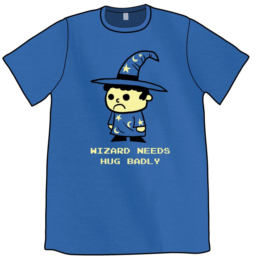 Blue shirt with a sad little wizard that says WIZARD NEEDS HUG BADLY