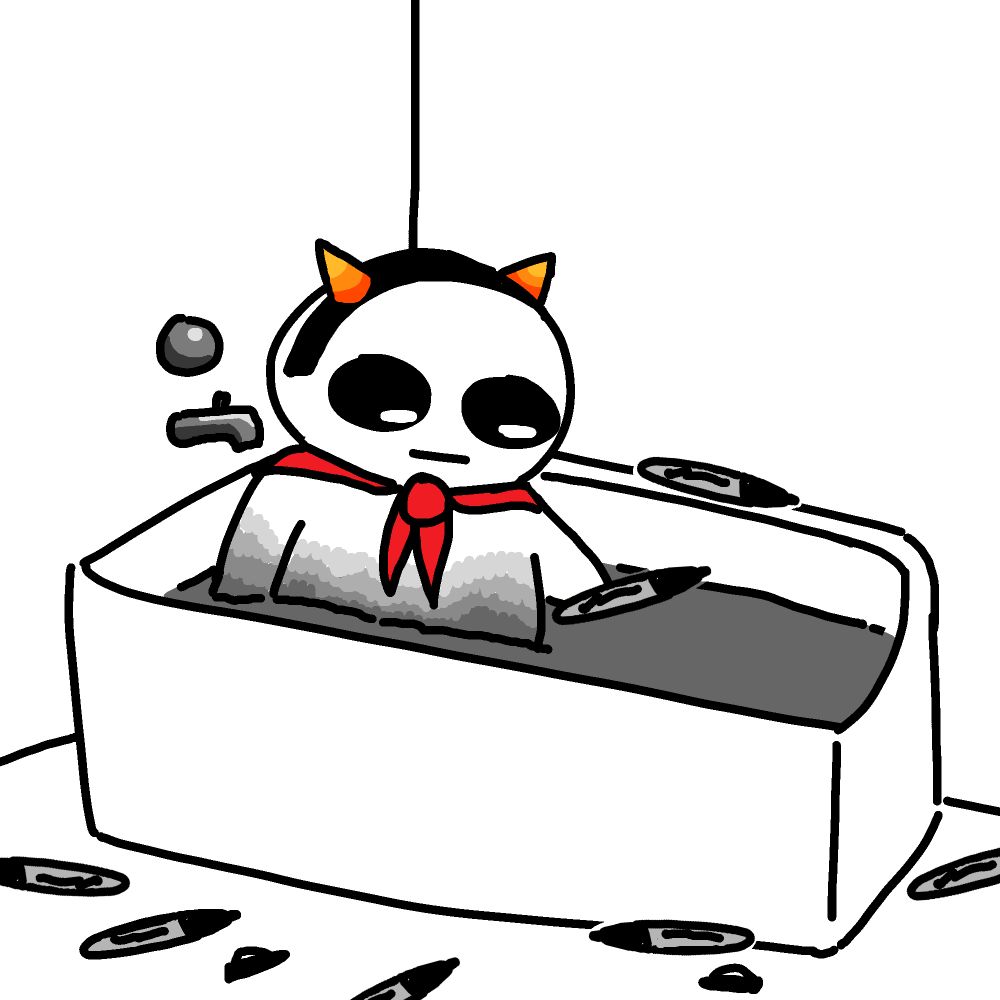 Young Troll Topato sits in a bathtub, holding a Sharpie, surrounded by Sharpies