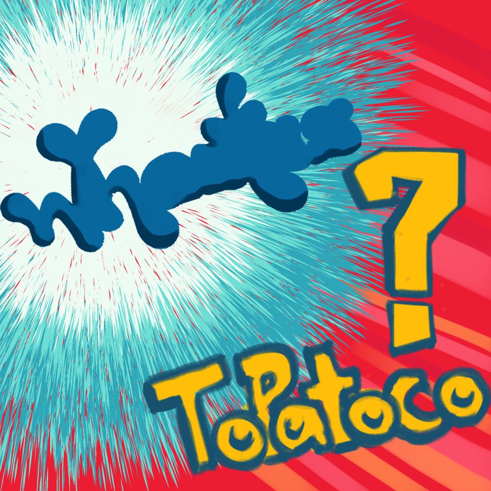 A digital drawing of a question mark and text that reads "Topatoco". The background is red with pink and yellow streaks, and there is a blue colorful burst in the upper left corner. Inside of it is a blue silhouette.  