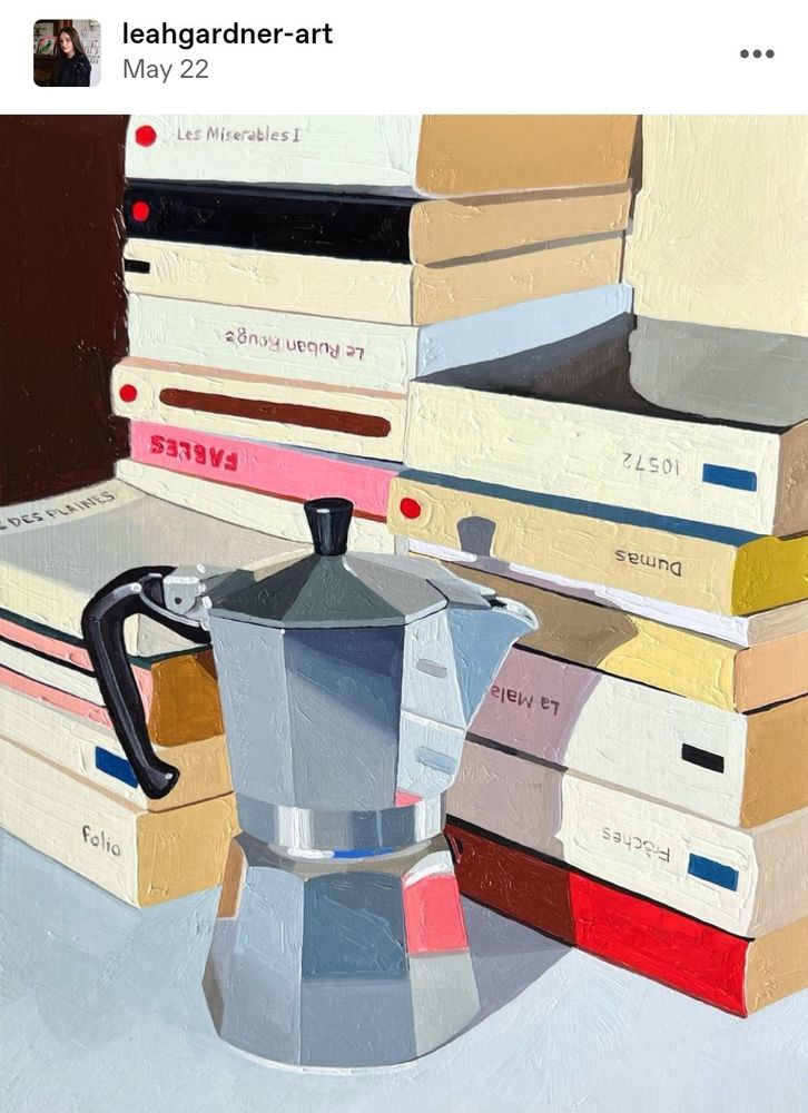 Painting by Leah Gardner of a coffepot with books