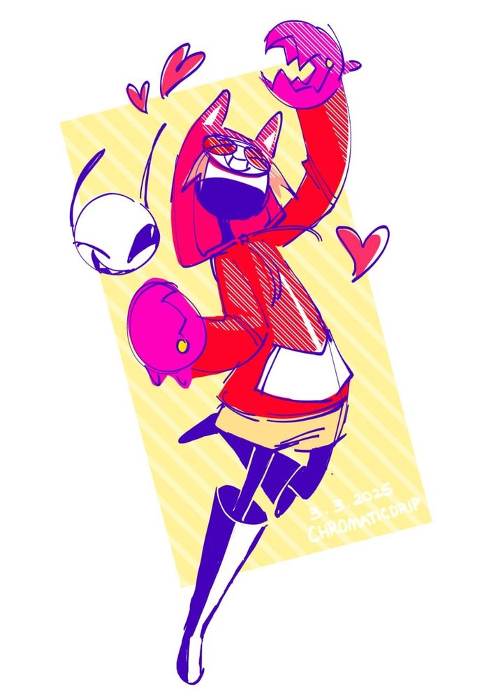 a messy coloured sketch of a masked person in a bright, cat eared hoodie posing, with a floating, circular mask next to them. It has a cartoon face.