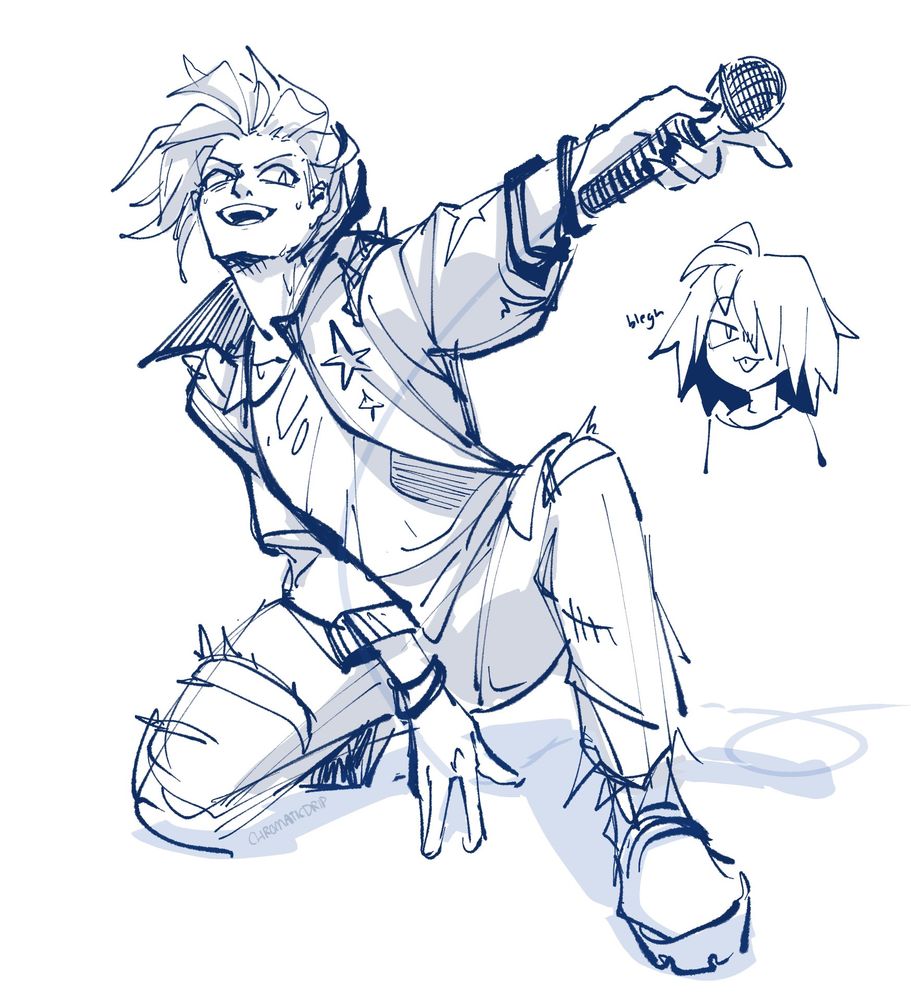 a blue sketch of a man striking a pose, kneeling on one leg while he points a microphone towards an unseen audience. He is smiling, just shy of cocky, with slicked-back hair swaying to the side.  His outfit features a star-studded jacket, with a ripped undershirt and jeans.

On the right, is a small doodle of him with his hair down, long enough to cover the left of his face. He sticks his tongue out, the action accompanied by the text 'blegh'.