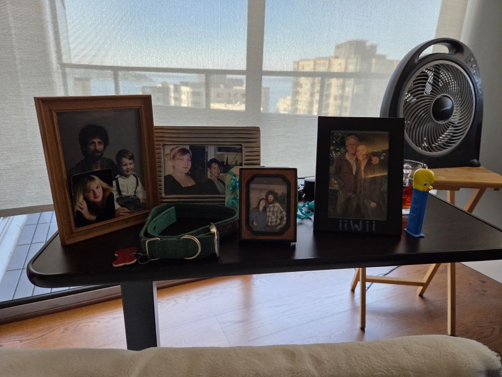 Family photos and trinkets displayed on a bedside table with a view of Puget sound out the window in the background